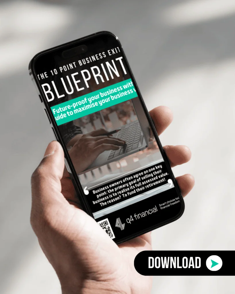 Free Guide 'The 10 Point Business Exit Blueprint' is on a mobile with someone holding a phone.