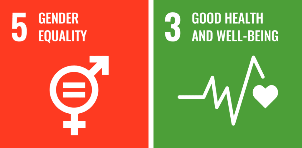 empower community leadership to help UN's Sustainable Development Goal Icons for goal 3 - Gender equality and goal 5 - Good Health and Well-Being. P